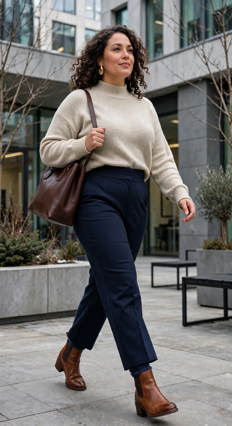 navy ponte pants with an oatmeal mock-neck sweater