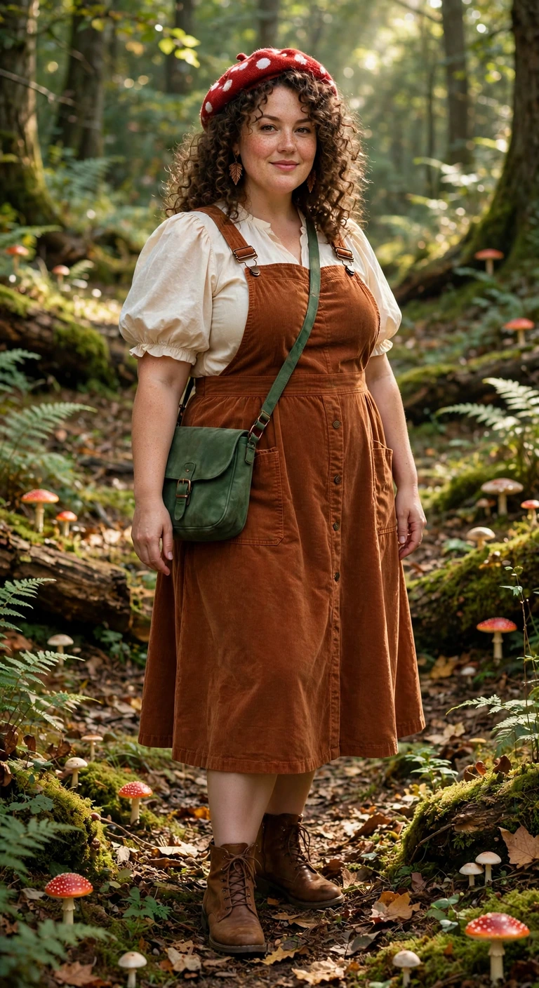 mushroom beret and rust pinafore for a woodland look