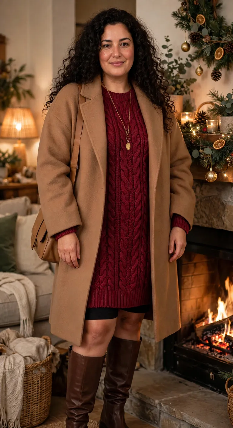 cranberry knit dress with tall boots