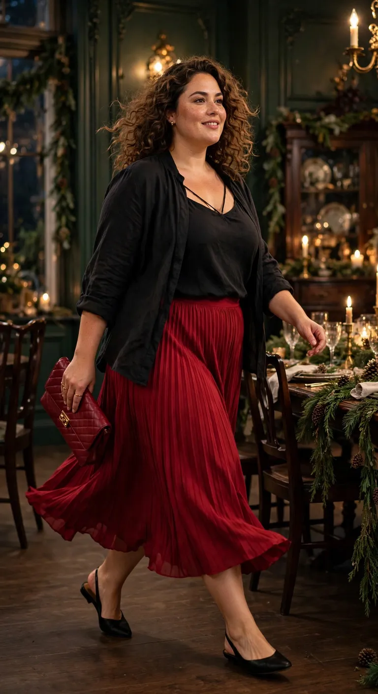 ruby pleated skirt with a soft black blouse