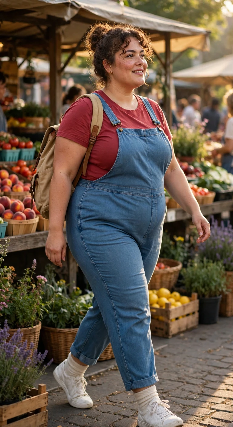 soft denim overalls with a brick red tee