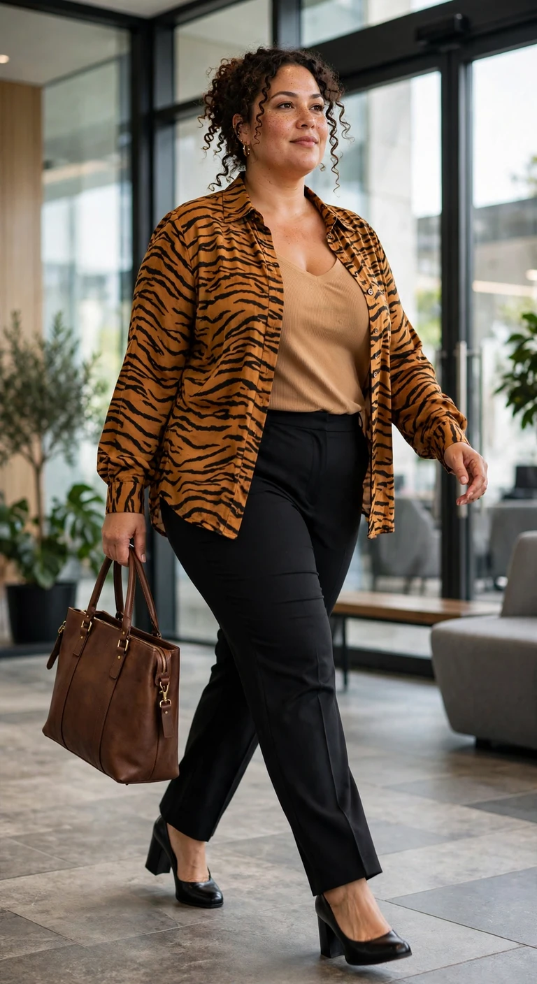 tiger stripe blouse with tailored black trousers