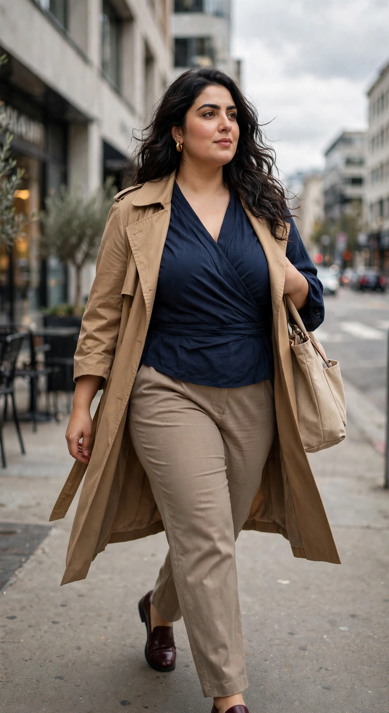 navy wrap blouse with stone straight pants