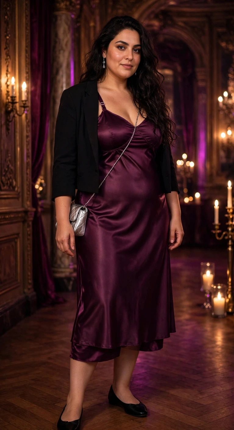 plum slip dress with a cropped black blazer