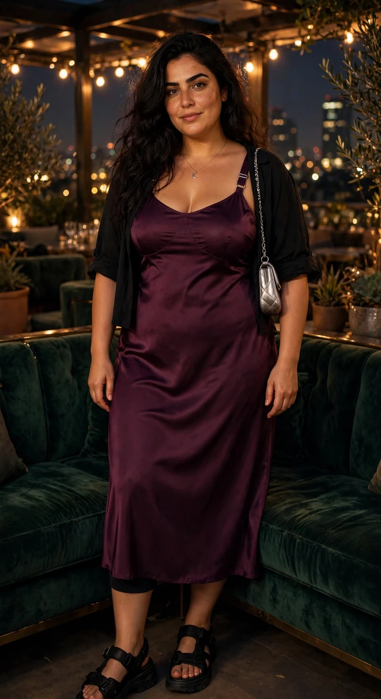 deep plum slip dress with chunky sandals