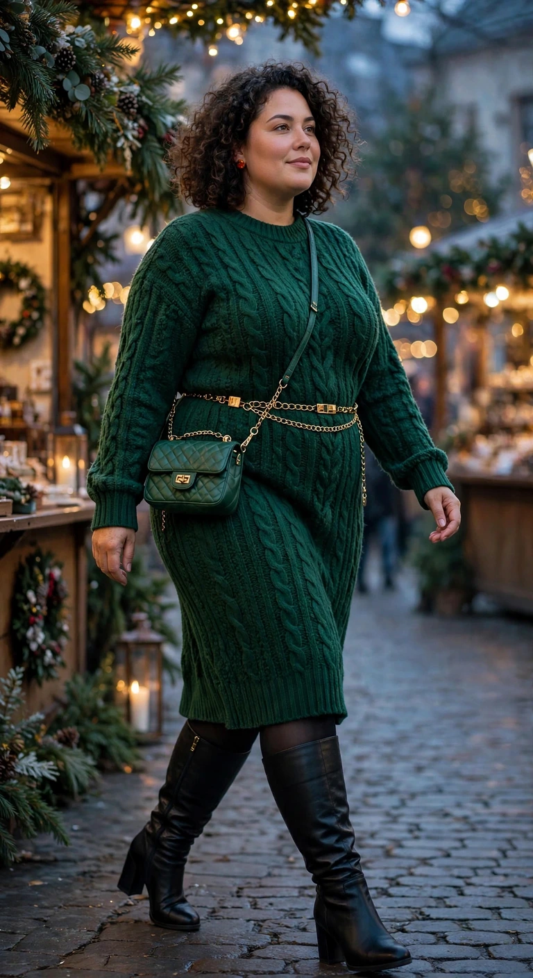 emerald sweater dress with tall black boots