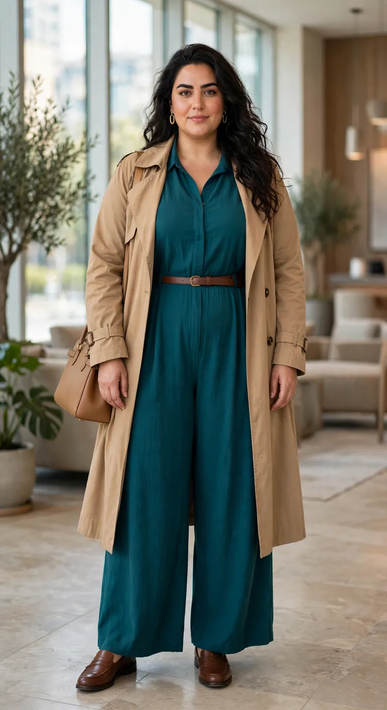 teal jumpsuit with a camel lightweight trench