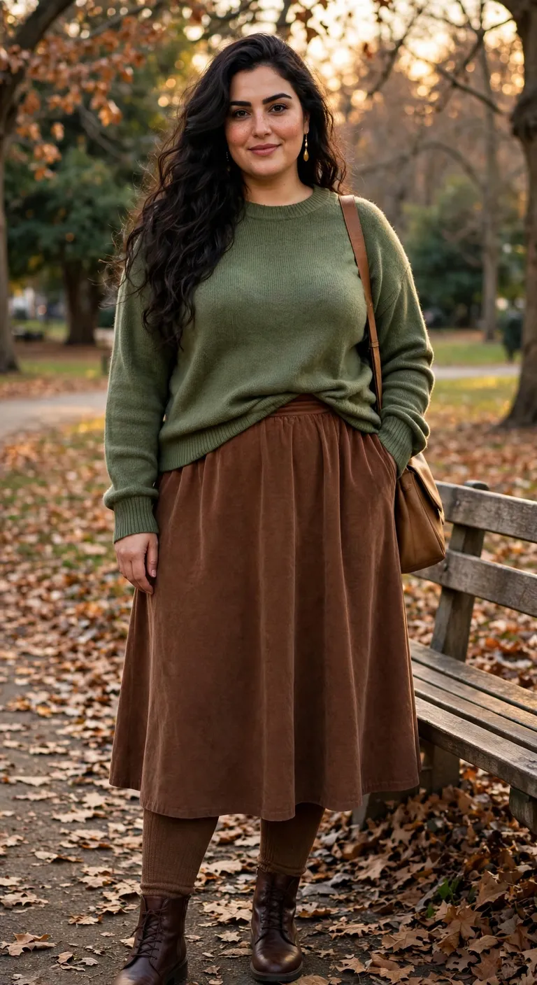 moss sweater with cocoa a line midi skirt
