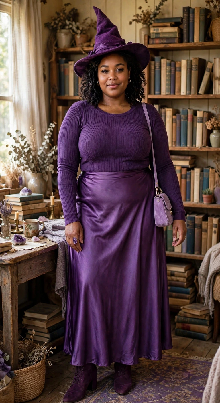 purple satin skirt, knit top and pointed witch hat