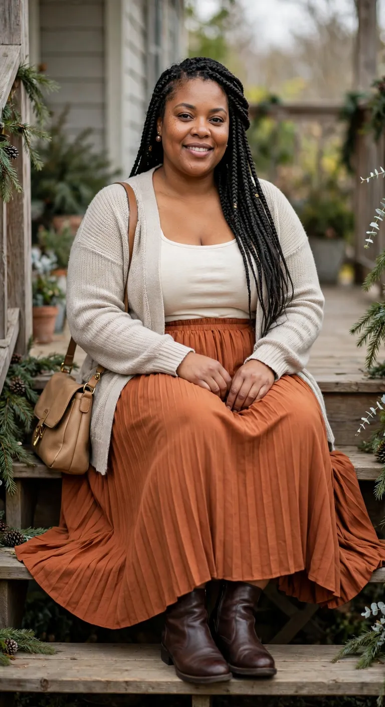 rust pleated skirt with an oatmeal cardigan