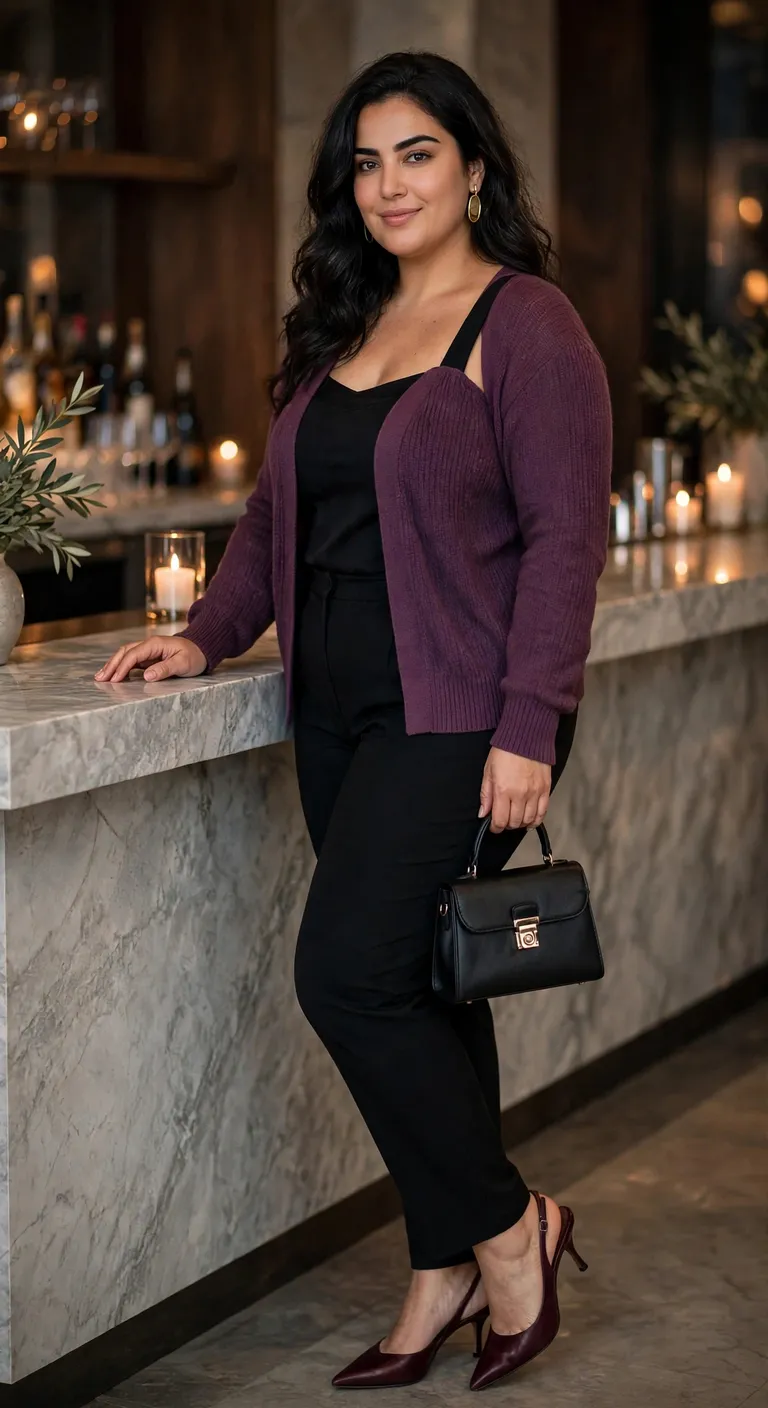 sleek plum cardigan over a black cami
