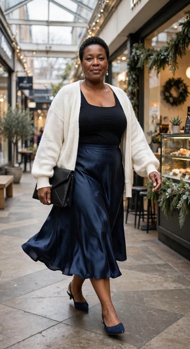 midnight satin skirt with ivory cardigan