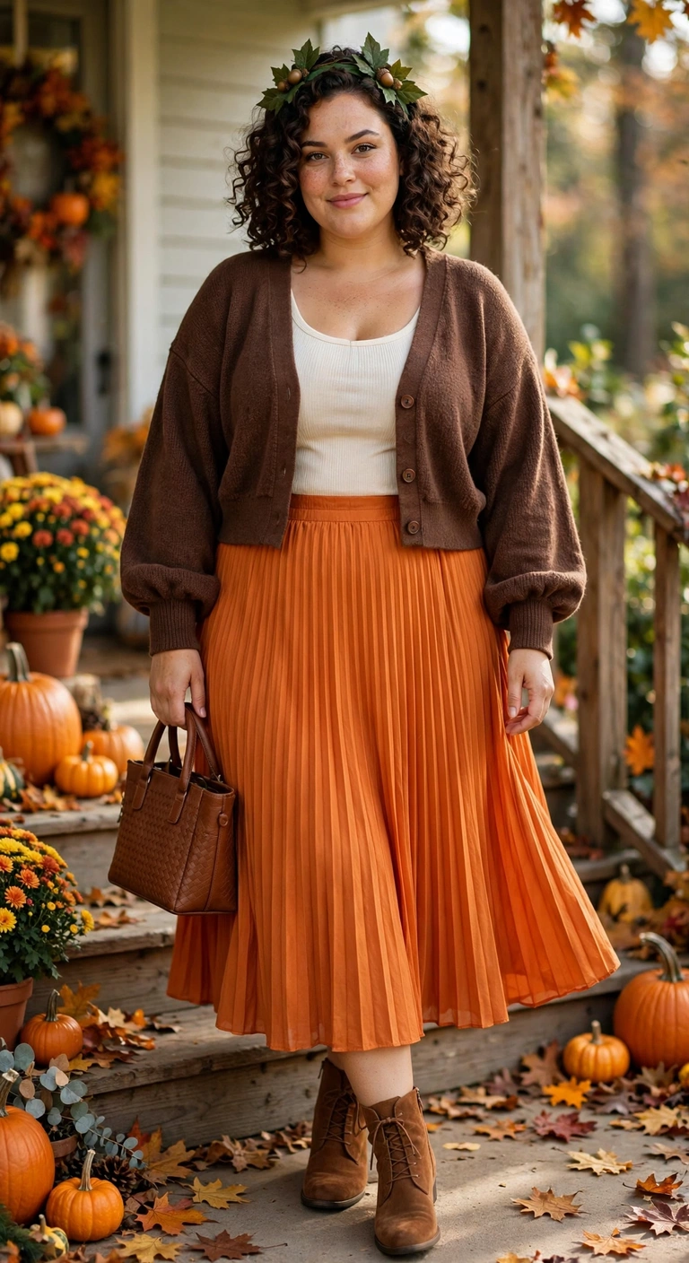 pumpkin pleated skirt with an espresso cardigan