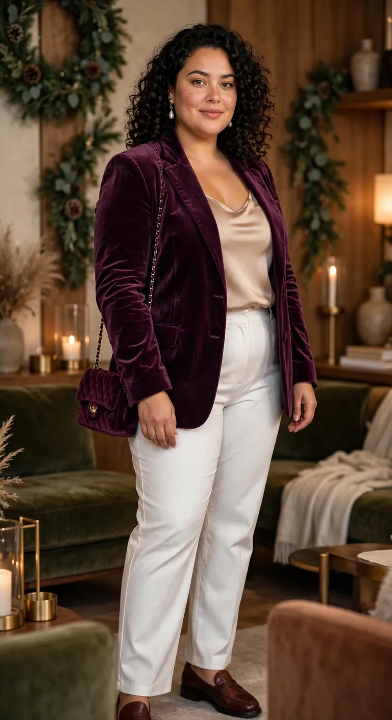 plum velvet blazer with winter-white trousers
