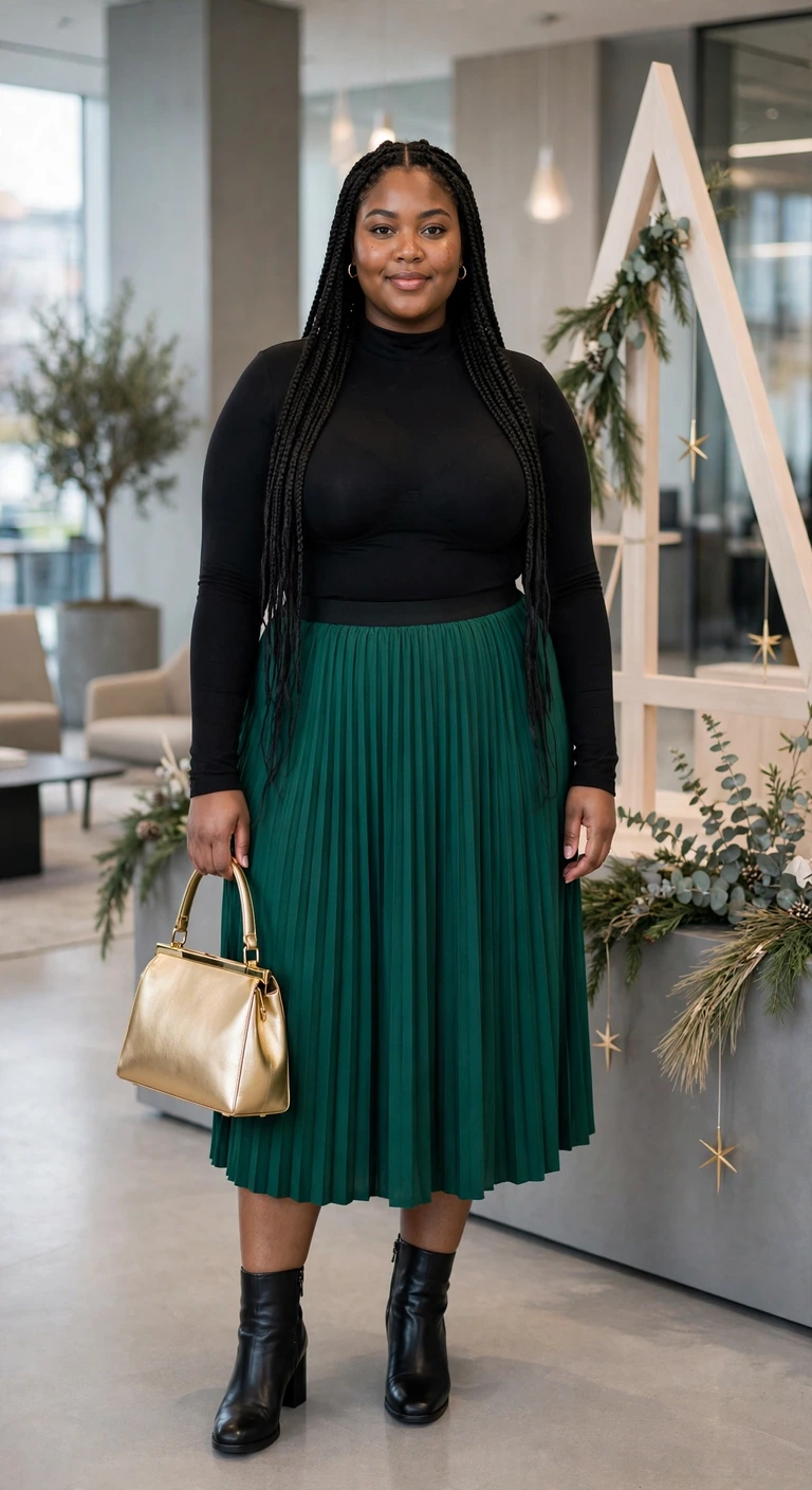 emerald pleated skirt with a black mock-neck