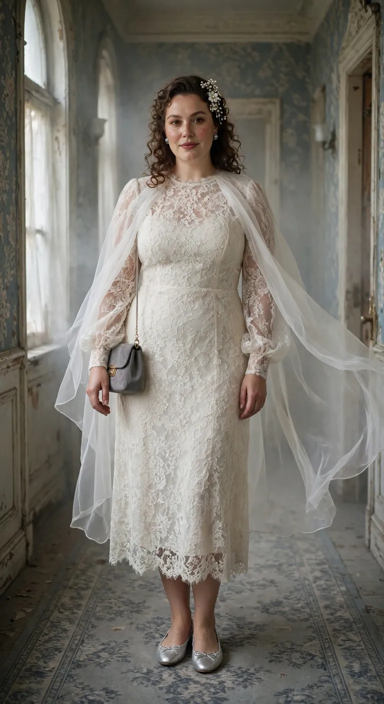 ivory lace dress with a sheer ghost cape