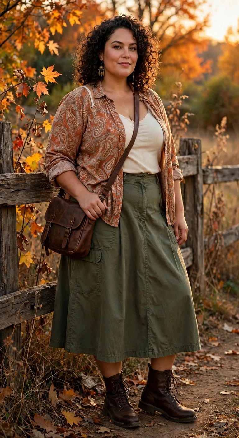 clay paisley blouse and olive utility skirt