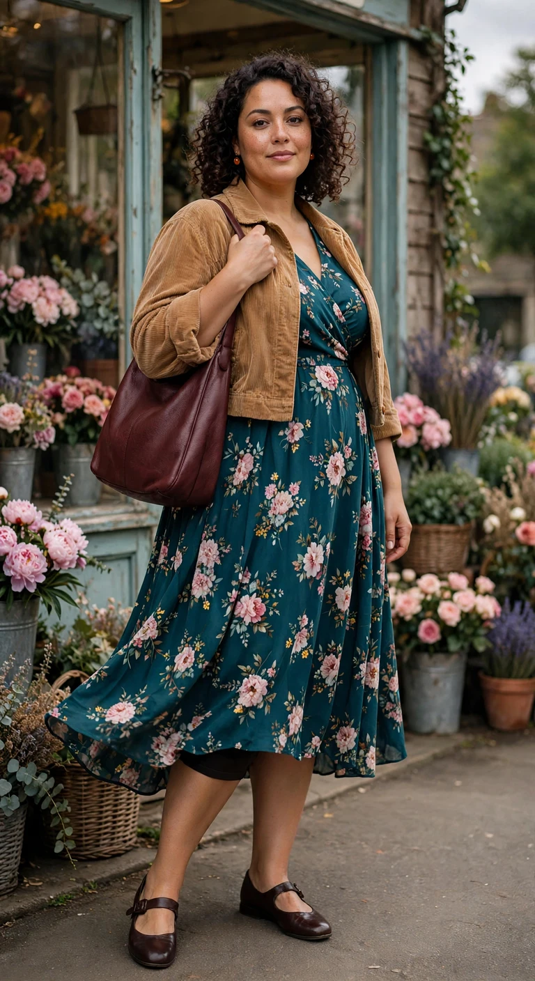 floral tea dress with a cropped corduroy jacket