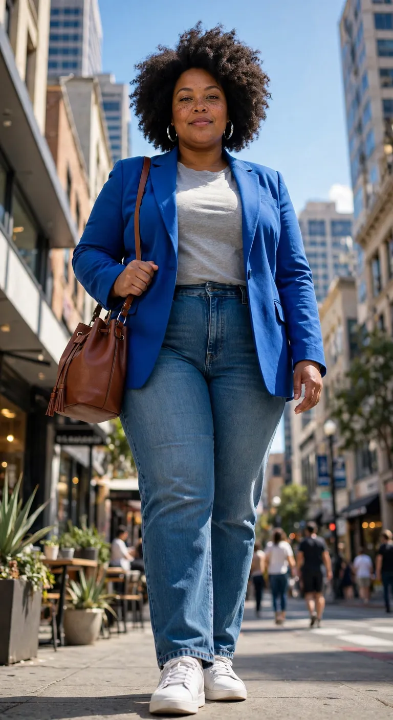 cobalt blazer with straight-leg denim