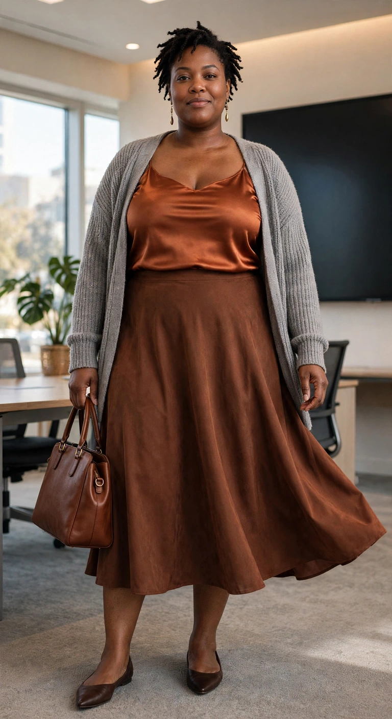 satin shell and cocoa skirt for presentation days