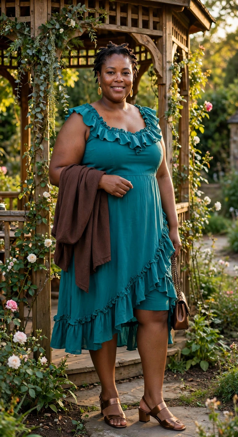 teal ruffle midi with bronze sandals