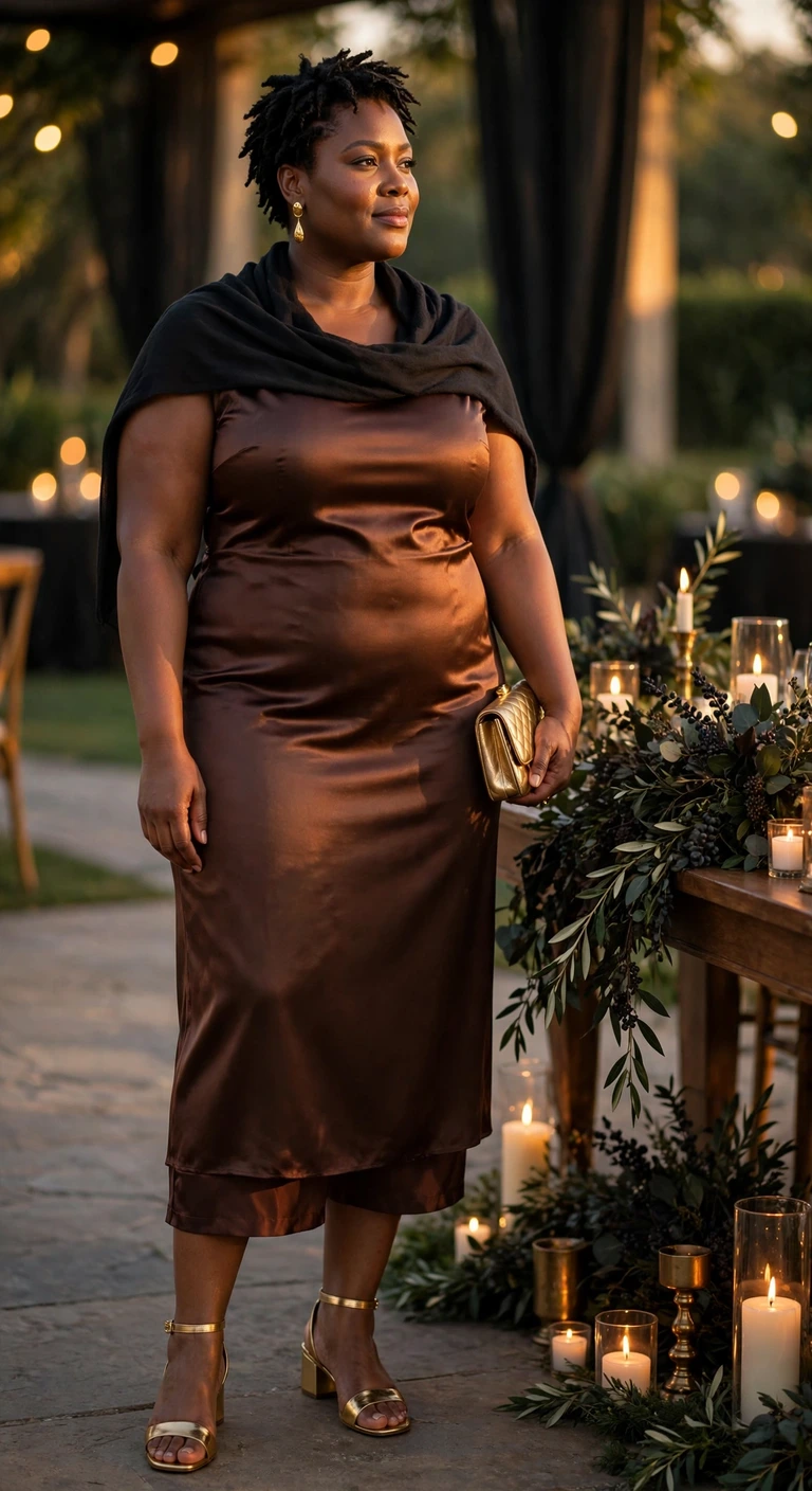 chocolate satin column dress with gold accessories