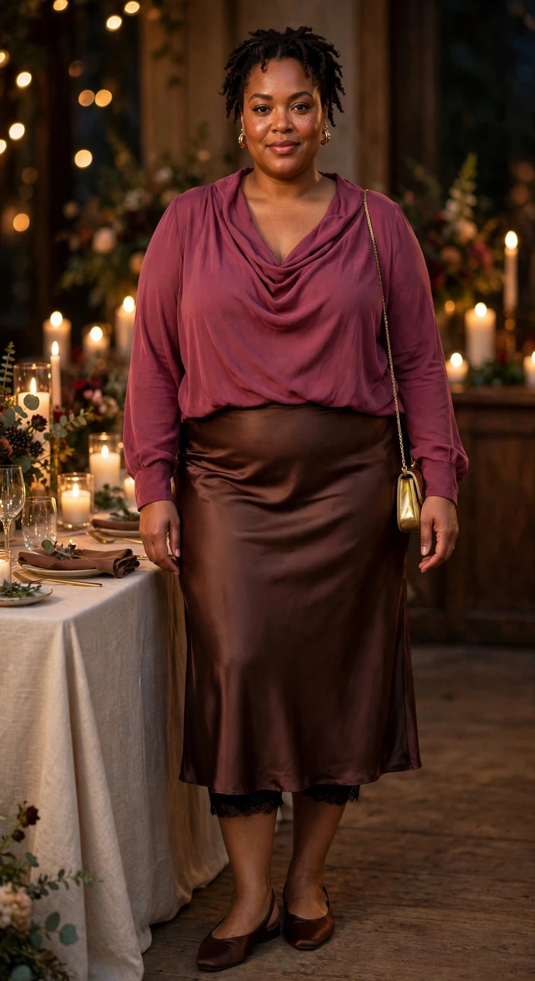 chocolate satin skirt with a berry draped blouse