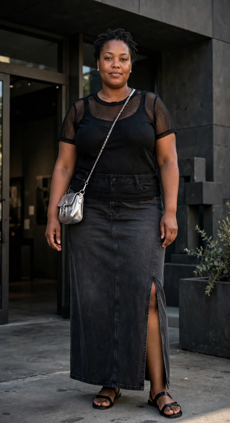 charcoal denim maxi skirt with a mesh tee