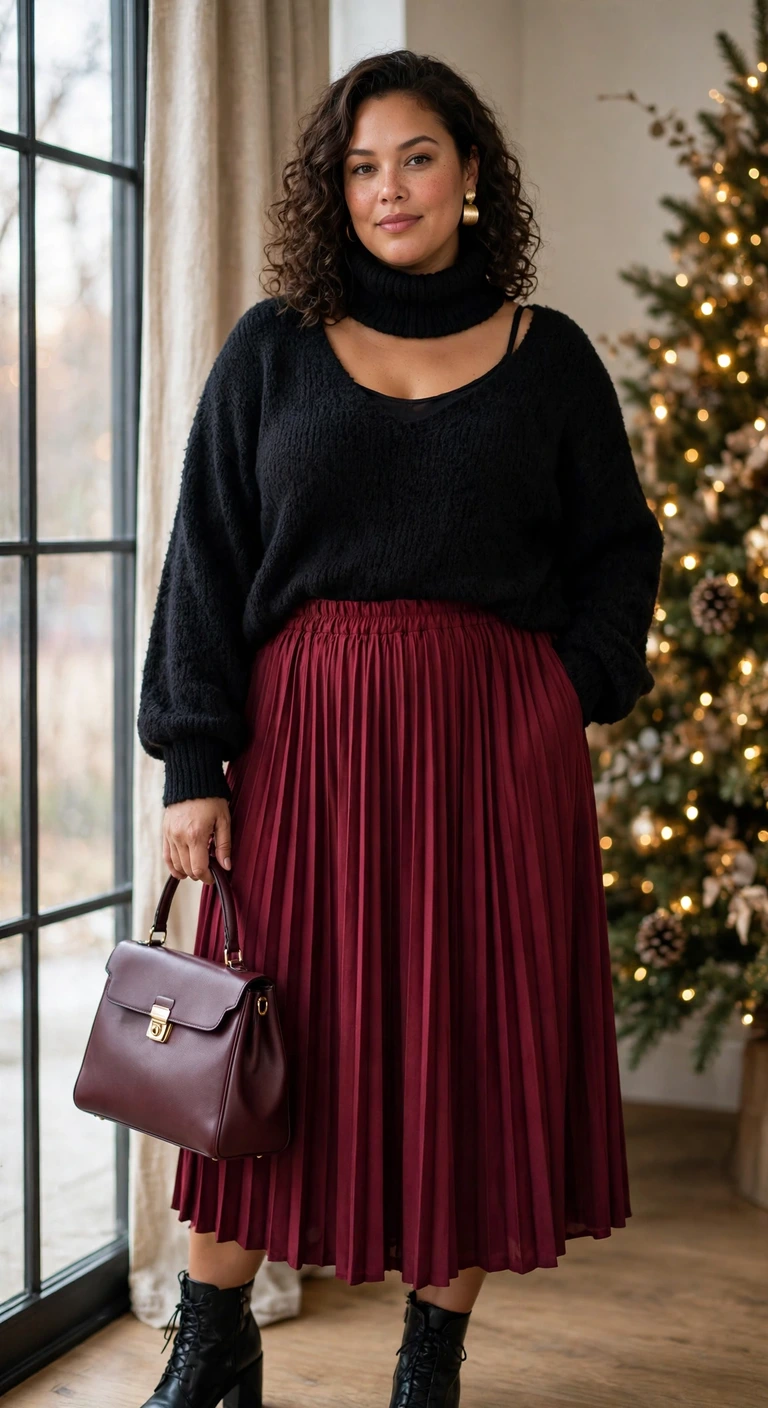 cranberry pleated skirt with a black turtleneck