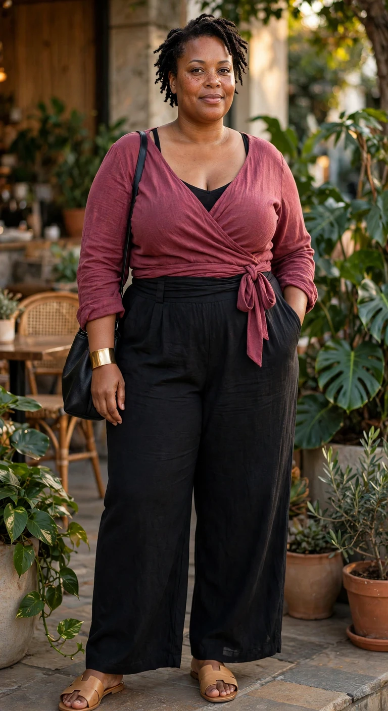 berry wrap top over black palazzo trousers