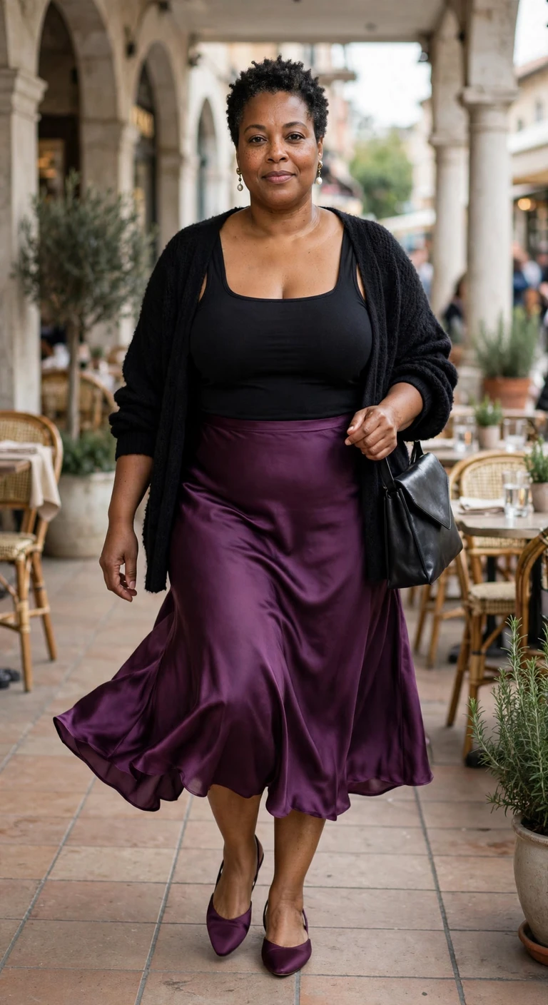 plum satin midi skirt with a soft black cardigan