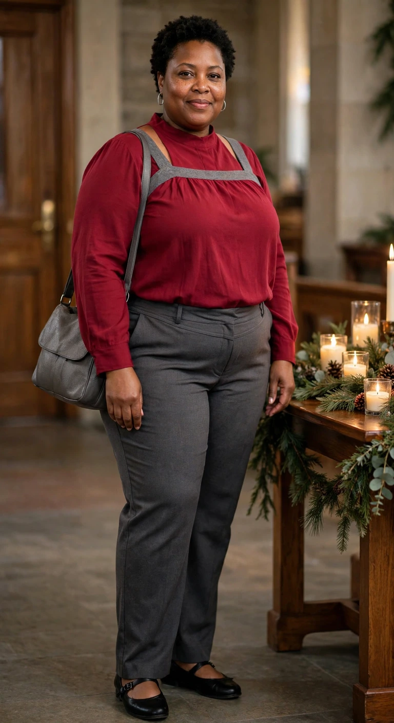 cranberry blouse with charcoal straight trousers