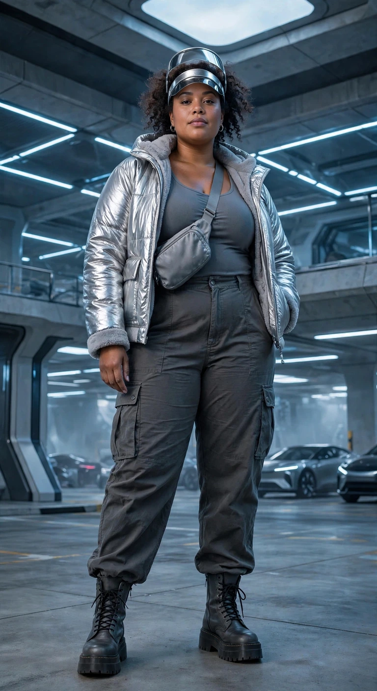 silver metallic jacket with graphite cargo pants
