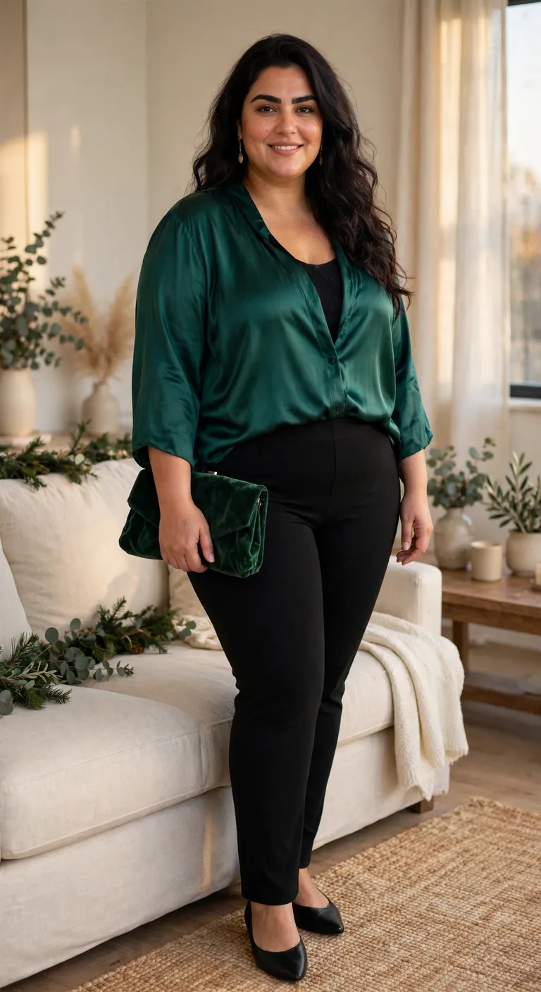 emerald satin blouse with black ponte pants