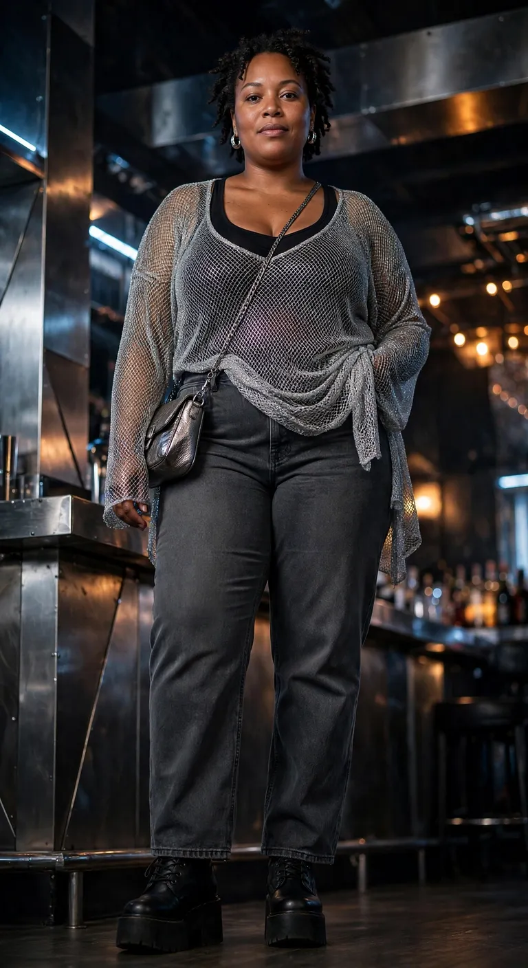 silver mesh top with charcoal jeans