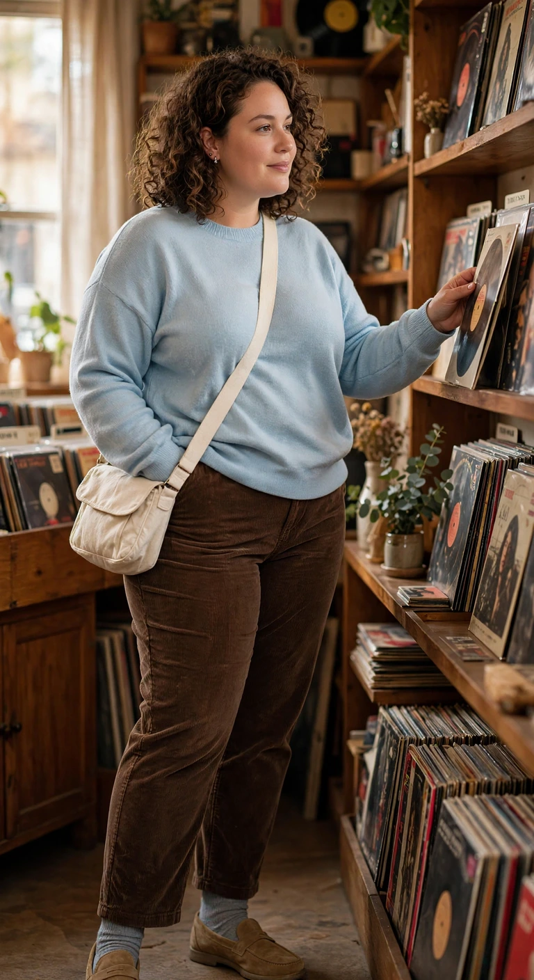 brown corduroy pants with a pale blue sweater