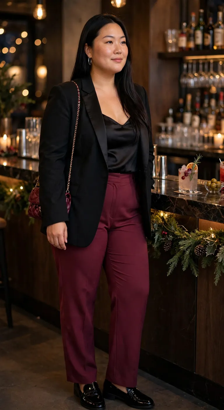 black tuxedo blazer and berry pants for holiday drinks