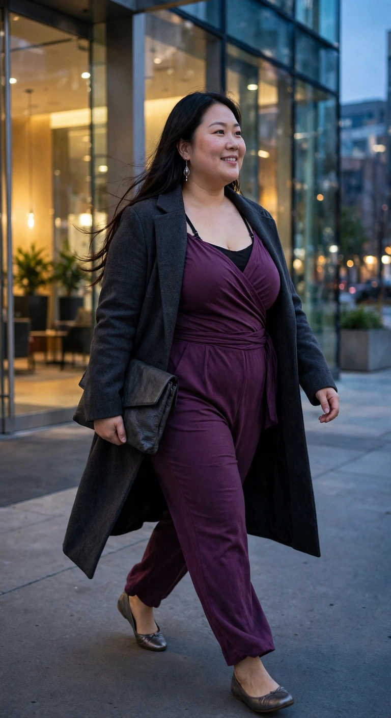 plum wrap jumpsuit with pewter flats