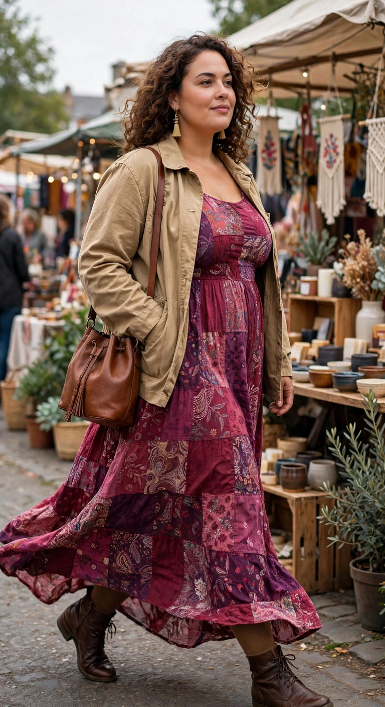 berry patchwork maxi dress with a tan jacket