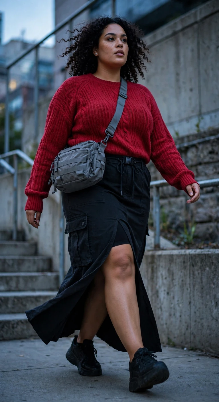 black cargo skirt with a cherry red knit