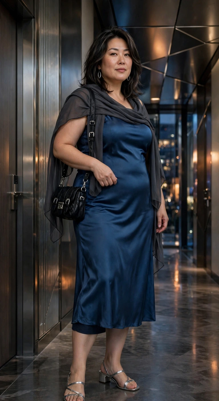 ink blue satin column dress with silver hardware