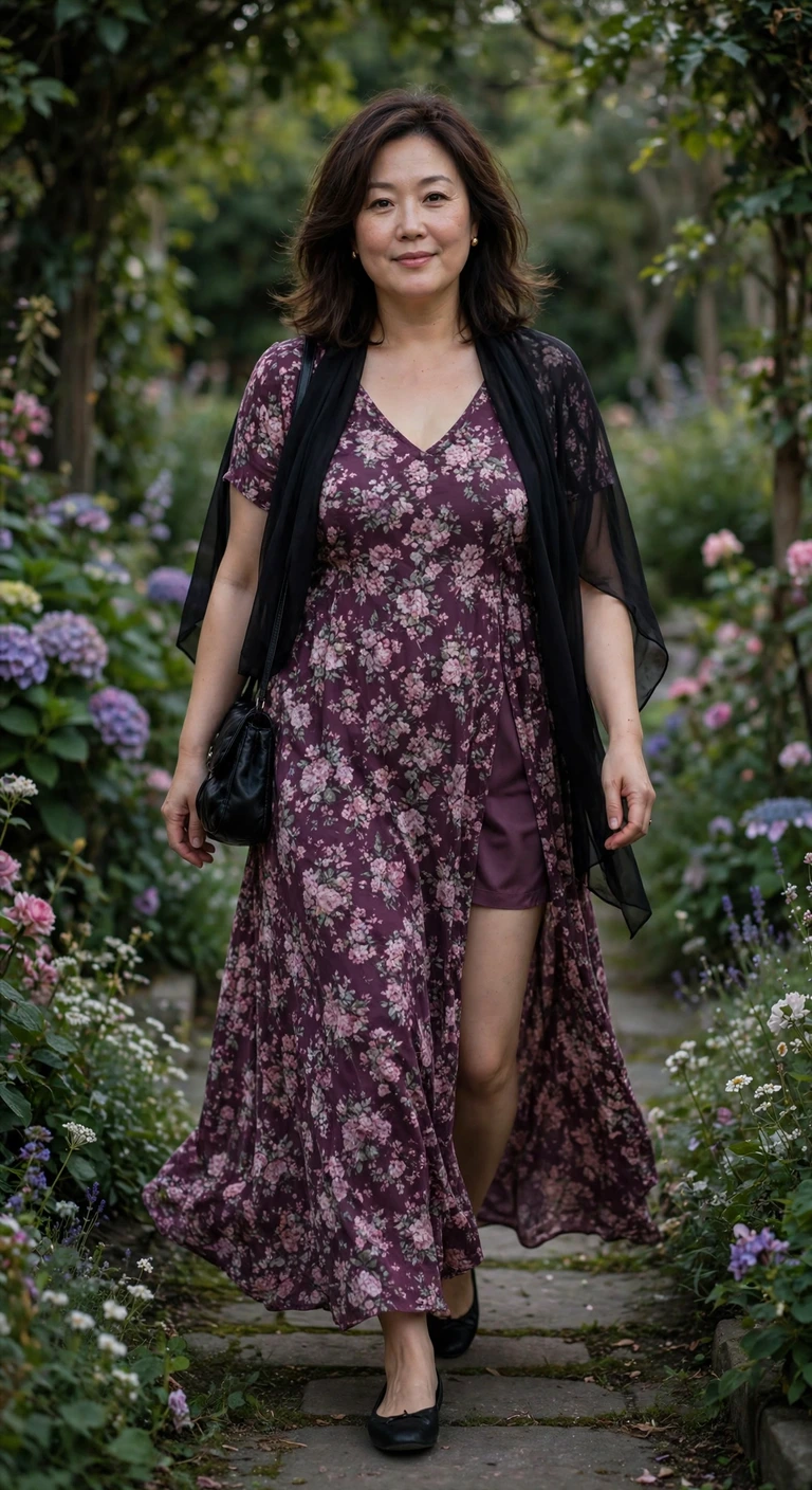 plum floral maxi with black dressy flats
