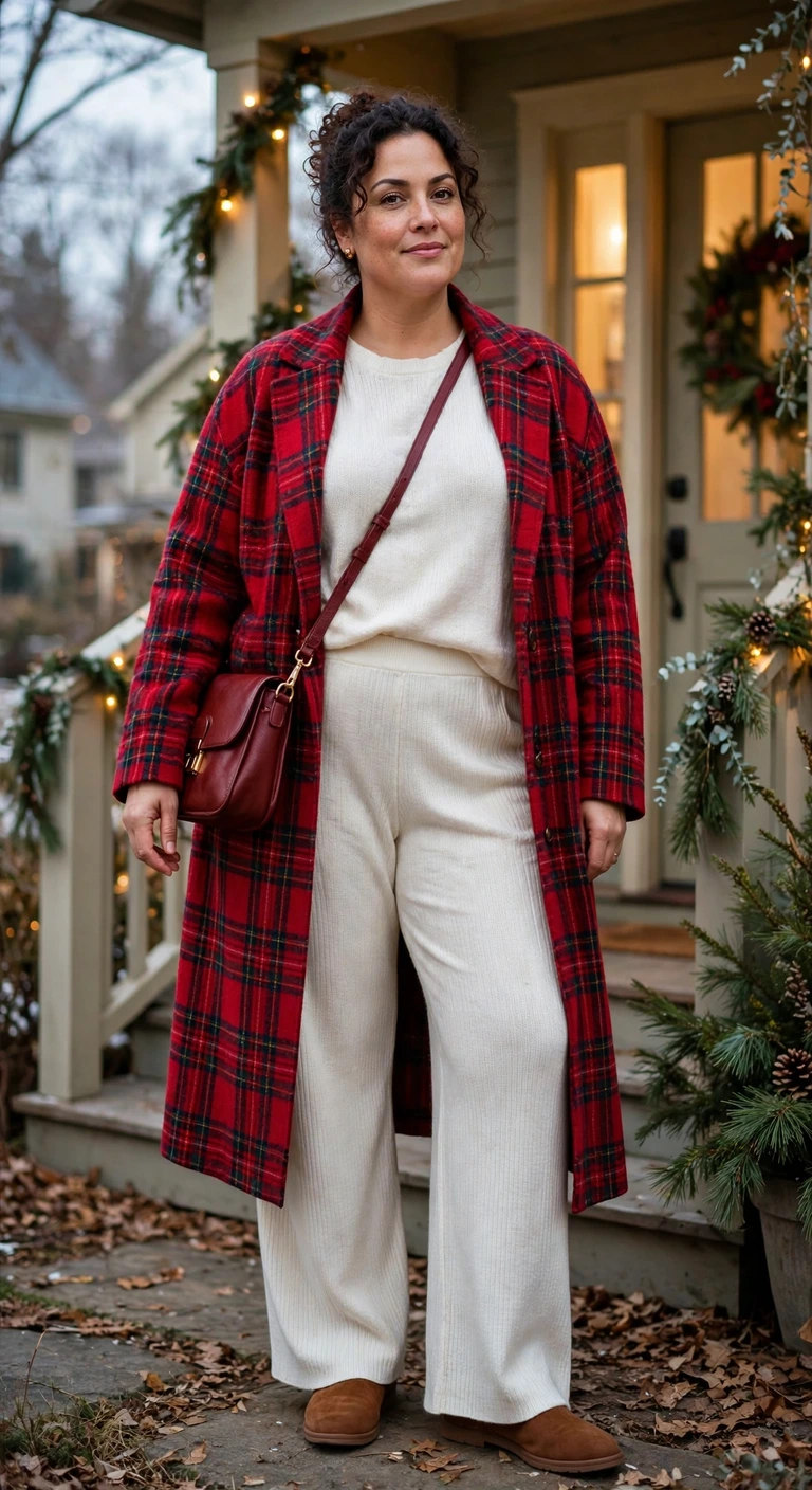 ivory knit set with a red plaid coat
