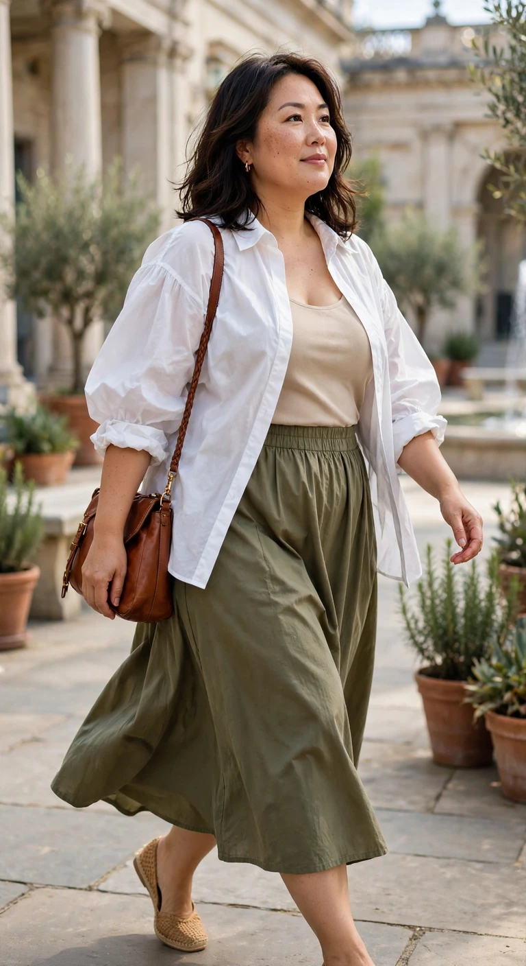 white poplin shirt with an olive midi skirt