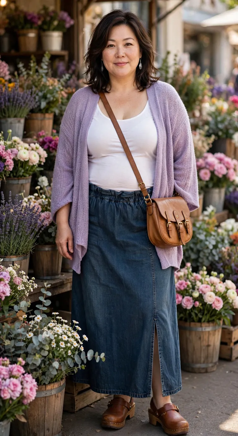 lavender cardigan with dark denim maxi skirt