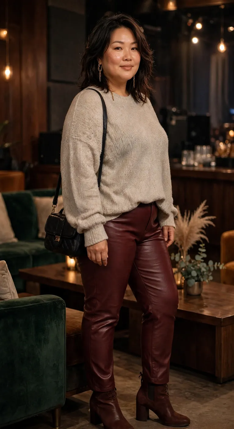 burgundy faux leather pants with an oatmeal sweater