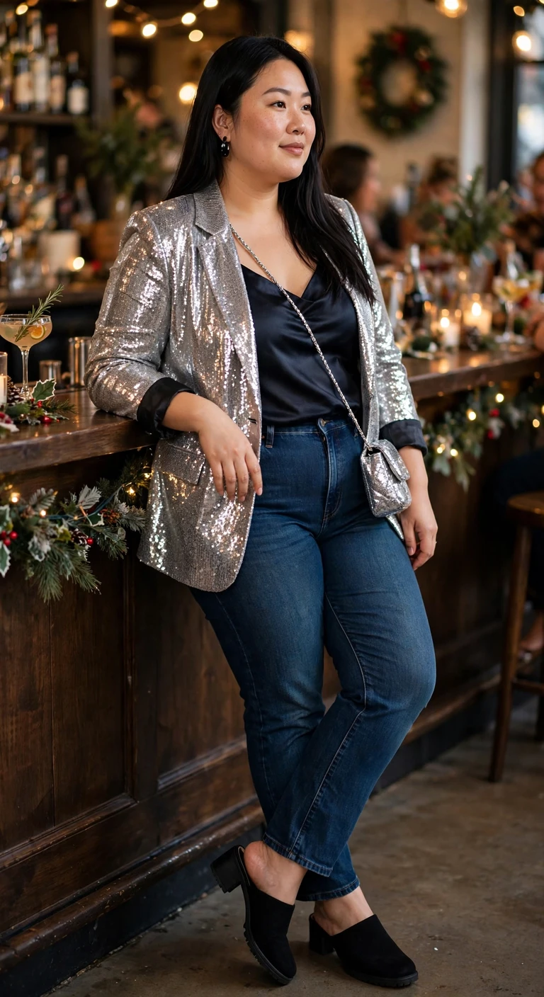 silver sequin blazer, dark jeans and satin cami