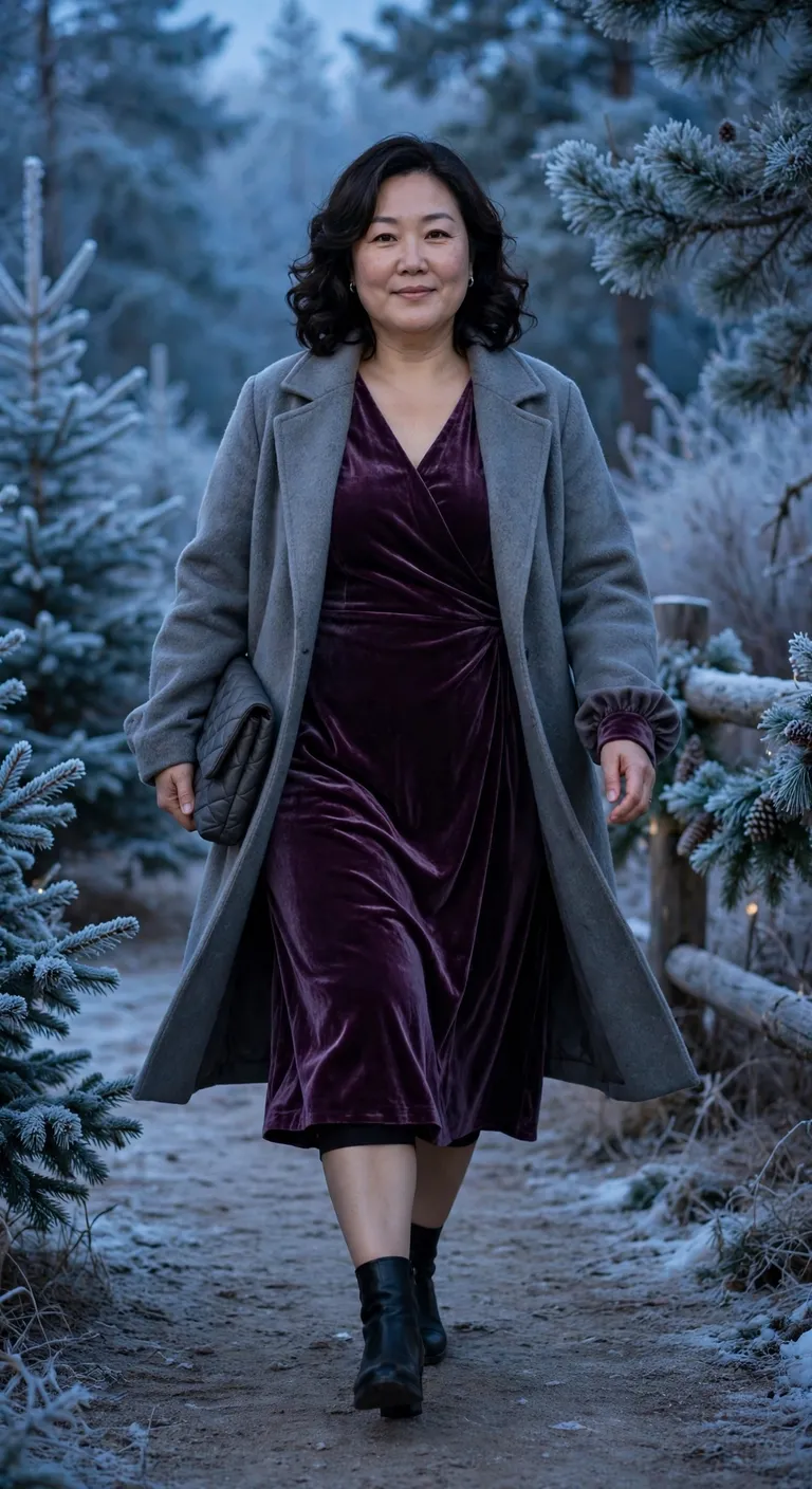 plum velvet midi dress with black ankle boots
