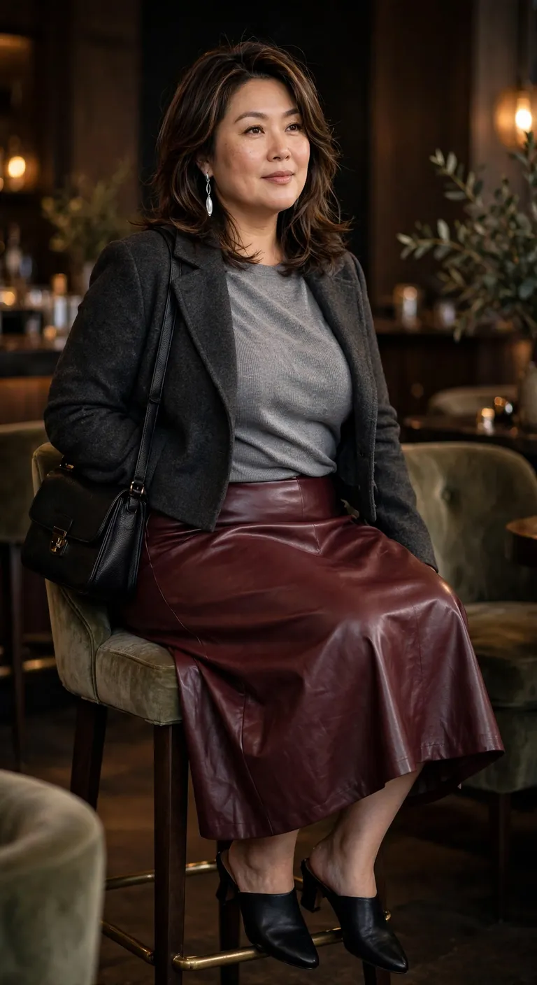 burgundy faux leather skirt, knit top and mules
