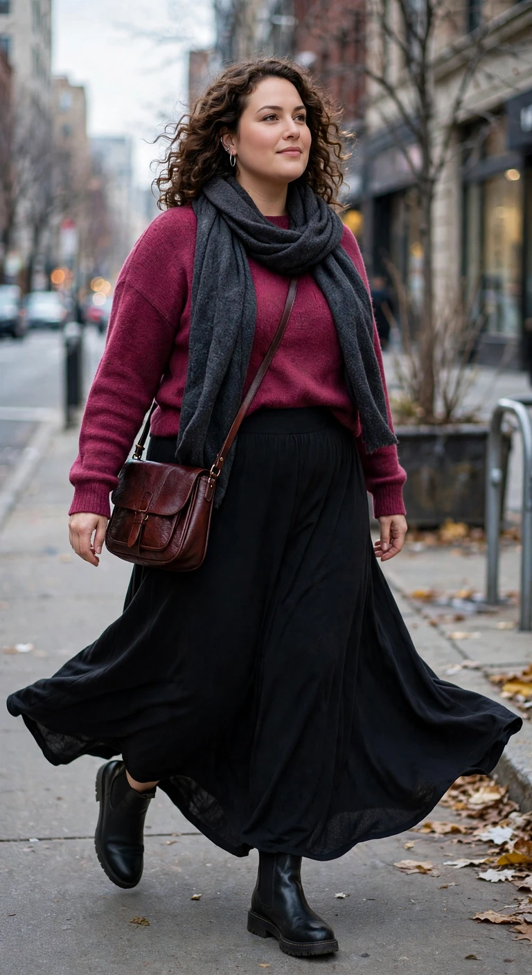 black maxi skirt with a berry sweater and chelsea boots